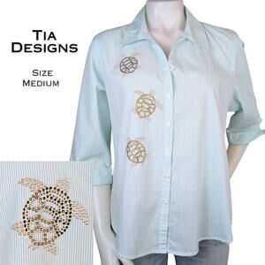 Tia Designs Button Shirt Medium Aqua White Stripe Embroidered Turtle Rhinestone
